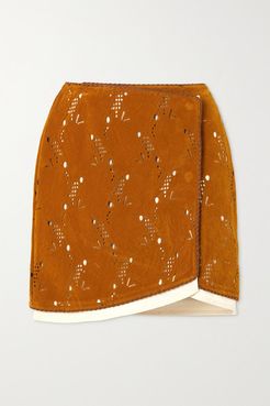 Kaila Laser-cut Embossed Faux Suede Wrap Mini Skirt - Brown