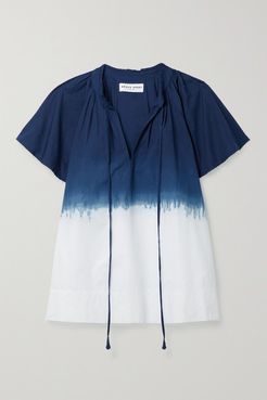 Vera Gathered Tie-dyed Organic Cotton-poplin Top - Navy