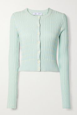 Cropped Ribbed Mélange Silk And Cotton-blend Cardigan - Turquoise
