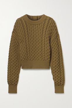 Button-detailed Cable-knit Wool And Cotton-blend Sweater - Army green