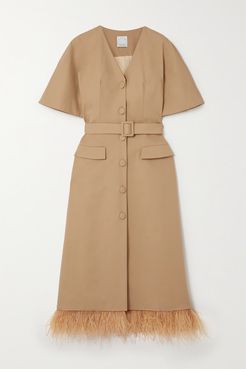 Ariel Feather-trimmed Belted Cotton-blend Coat - Sand