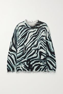 Oversized Distressed Zebra-print Cotton Sweater - Light blue