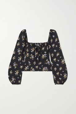 Prince Shirred Floral-print Crepe Top - Black