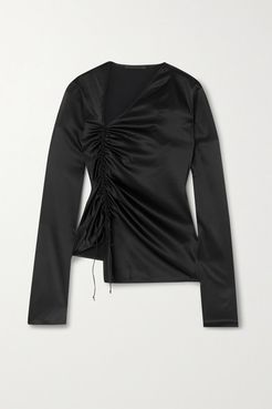 Ruched Stretch-silk Satin Top - Black