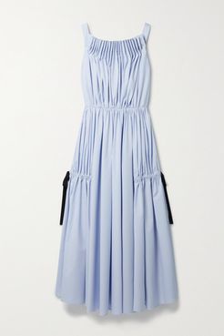 Gathered Pleated Cotton-blend Poplin Midi Dress - Light blue