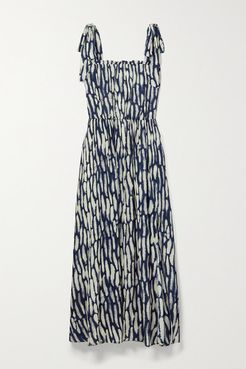 Tie-detailed Printed Crepon Midi Dress - Navy