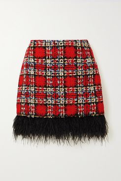 Feather-trimmed Checked Tweed Mini Skirt - Red