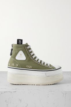 Grosgrain-trimmed Distressed Canvas Platform High-top Sneakers - Army green