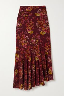 Net Sustain Ruched Floral-print Organic Cotton-blend Skirt - Merlot