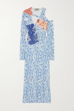 Toru Cutout Floral-print Stretch-crepe And Velvet Dress - Blue