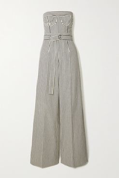Strapless Belted Striped Drill Jumpsuit - Gray