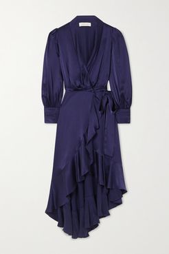 Asymmetric Ruffled Silk-satin Wrap Midi Dress - Navy