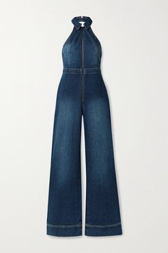 Alice Olivia - Jersey-trimmed Stretch-denim Halterneck Jumpsuit - Mid denim