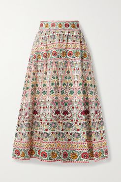 Alice Olivia - Earla Embroidered Floral-print Linen-blend Voile Midi Skirt - Ecru