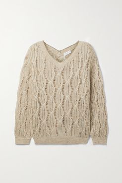 Metallic-trimmed Cable-knit Linen-blend Sweater - Beige