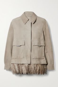 Feather-trimmed Bead-embellished Nubuck Jacket - Gray green