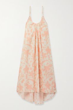 Asymmetric Floral-print Cotton Nightdress - Pastel orange
