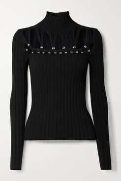Embellished Cutout Ribbed Cotton-blend Top - Black