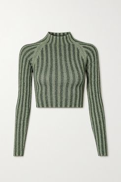 Cropped Cutout Ribbed Cotton-blend Sweater - Dark green