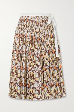 Pleated Floral-print Cotton Wrap Midi Skirt - Brown