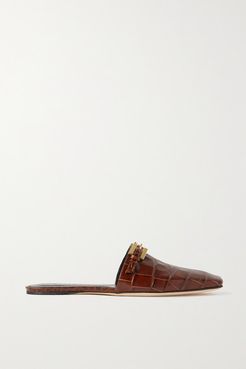 Rado Buckled Croc-effect Leather Slippers - Dark brown