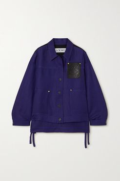 Leather-trimmed Linen-blend Drill Jacket - Blue