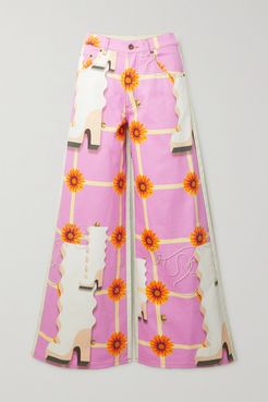 Printed High-rise Wide-leg Jeans - Pink