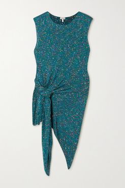 Asymmetric Knotted Sequined Knitted Top - Petrol