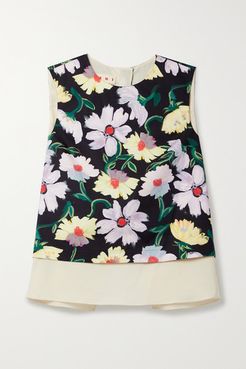 Open-back Layered Floral-print Cotton-poplin And Voile Top - Black