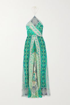 Printed Silk-chiffon Halterneck Maxi Dress - Turquoise