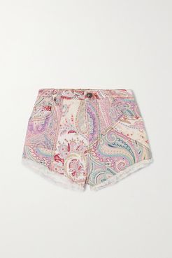 Frayed Paisley-print Denim Shorts - Pink