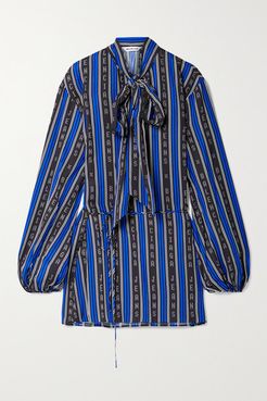 Tie-neck Striped Twill Wrap Top - Blue