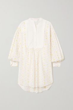 Floral-print Broderie Anglaise Cotton-voile Mini Shirt Dress - Ecru