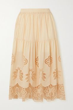 Pintucked Broderie Anglaise Cotton-voile Midi Skirt - Cream