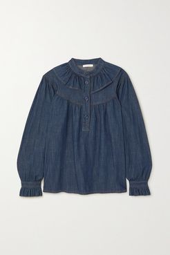 Ruffled Denim Blouse - Dark denim