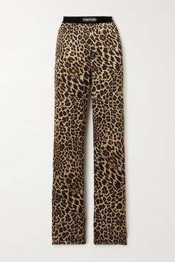Velvet-trimmed Leopard-print Stretch-silk Satin Pants - Brown