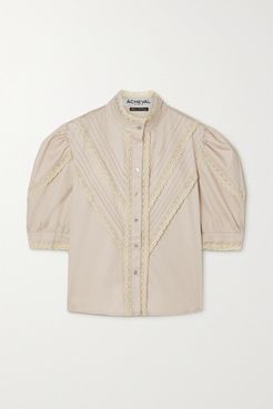 Yegua Pleated Lace-trimmed Stretch-cotton Poplin Blouse - Beige