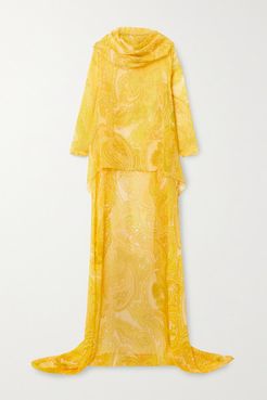 Asymmetric Hooded Paisley-print Silk-chiffon Poncho - Yellow