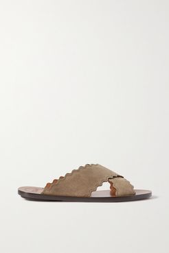 Lauren Scalloped Suede Slides - Army green