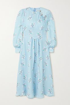 Button-embellished Floral-print Silk Crepe De Chine Midi Dress - Light blue