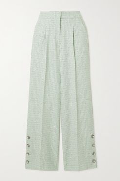 Button-embellished Sequined Wool-blend Tweed Straight-leg Pants - Mint