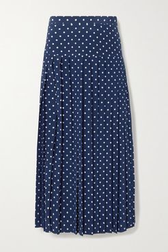 Pleated Polka-dot Silk Midi Skirt - Navy