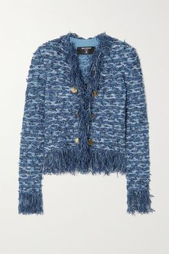 Button-embellished Fringed Tweed Blazer - Blue