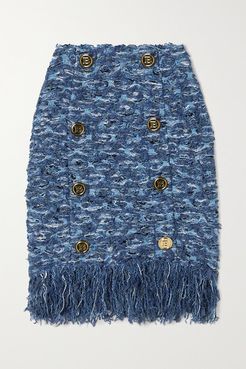 Button-embellished Fringed Tweed Mini Skirt - Blue