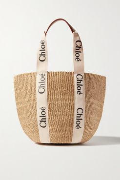 Woody Large Printed Canvas And Leather-trimmed Raffia Tote - White