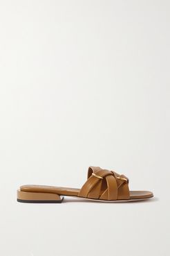 Lara Buckled Woven Leather Slides - Tan