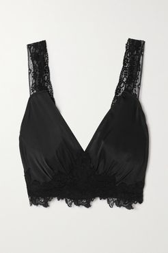 Cropped Lace-trimmed Satin Top - Black