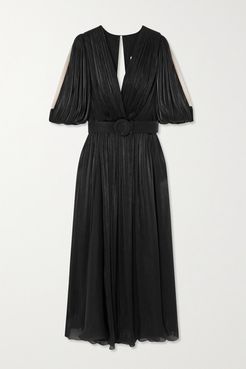 Brennie Belted Metallic Plissé-georgette Maxi Dress - Black