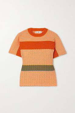 Striped Ribbed Cotton T-shirt - Orange