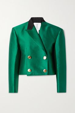The Tori Cropped Double-breasted Felt-trimmed Cotton And Silk-blend Blazer - Forest green